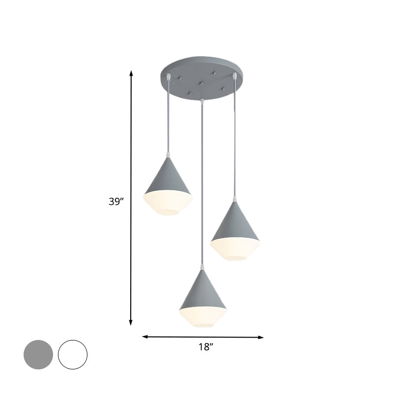 Modern Acrylic Cone Pendant Light with 3 Heads - White/Grey Coffee House Hanging Lamp