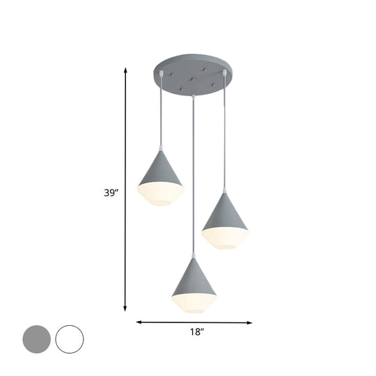 Modern Acrylic Cone Pendant Light with 3 Heads - White/Grey Coffee House Hanging Lamp