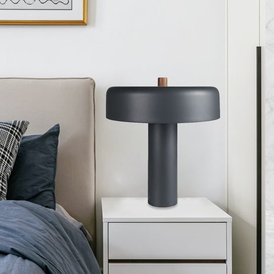 Modernist Led Grey Metal Drum Nightstand Light With Plug-In Cord For Bedroom