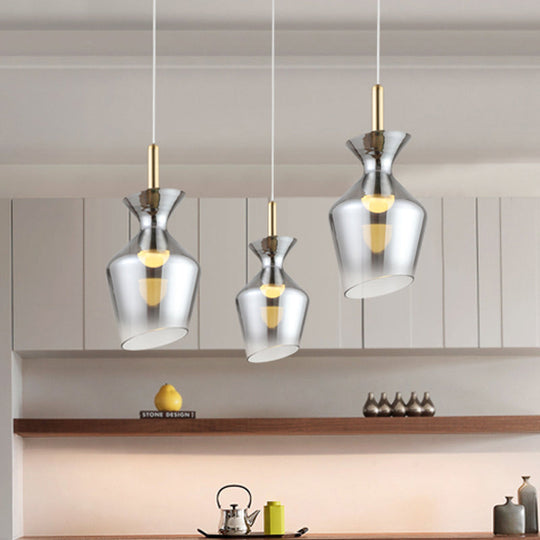 Led Brass Cup Pendant With Smoky Gray Glass Shade - Minimalist Ceiling Light