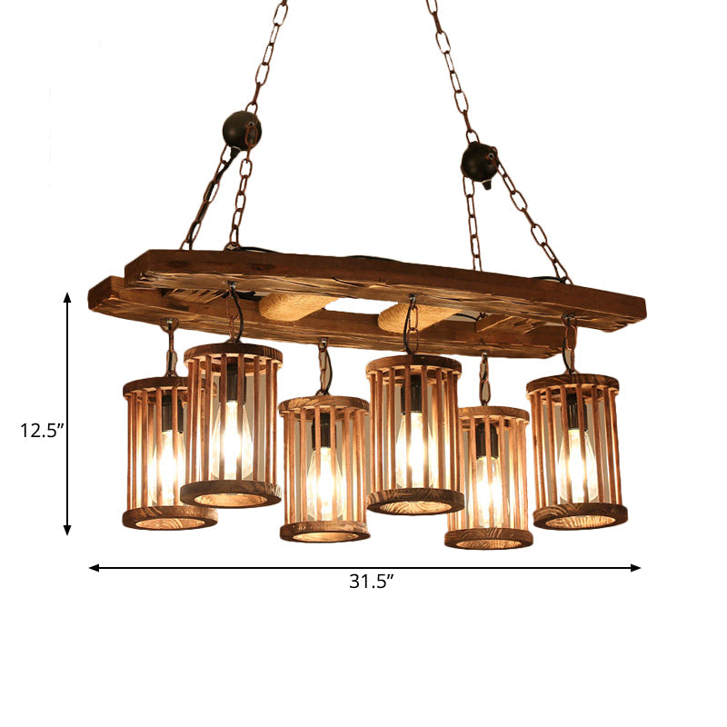 6-Light Wood Pendant Chandelier - Industrial Factory Cylinder Hanging Island Light With Ladder Deco