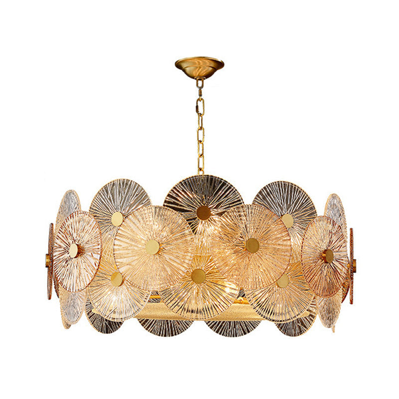 Modern Gold Ribbed Glass Chandelier With 8/12 Hanging Heads - Clear Panel Ceiling Pendant Lamp