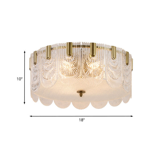 Traditional Drum Flushmount Prism Glass 6-Light Bedroom Ceiling Fixture In Brass