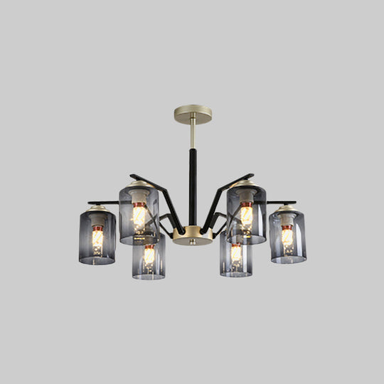 Postmodern Black And Gold Chandelier With Smoke Gray Glass: Cylinder Design 5/6 Bulbs Hanging Lamp