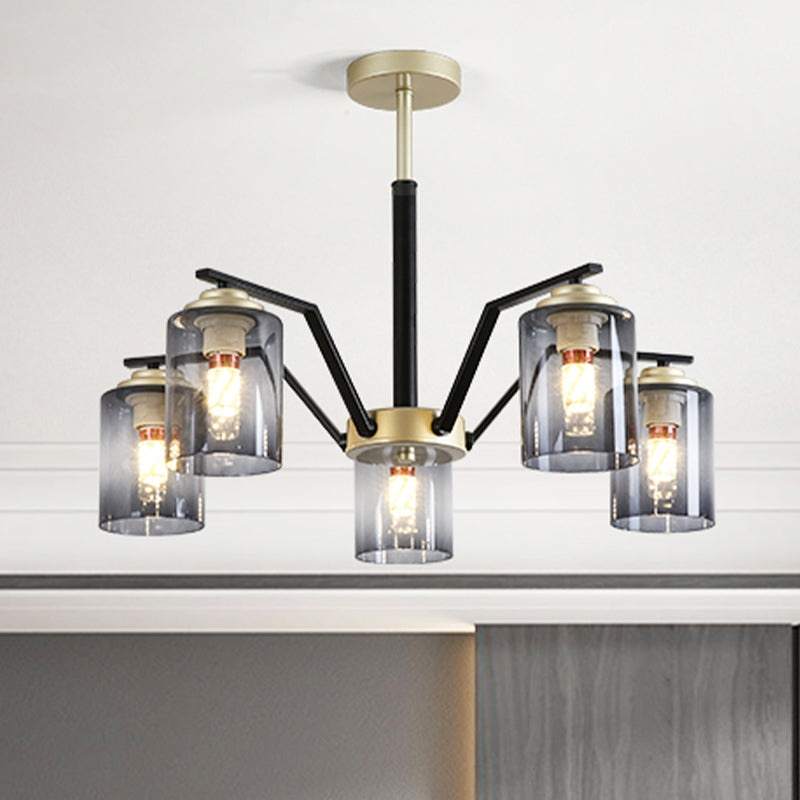Postmodern Black And Gold Chandelier With Smoke Gray Glass: Cylinder Design 5/6 Bulbs Hanging Lamp