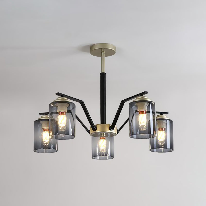 Postmodern Black And Gold Chandelier With Smoke Gray Glass: Cylinder Design 5/6 Bulbs Hanging Lamp