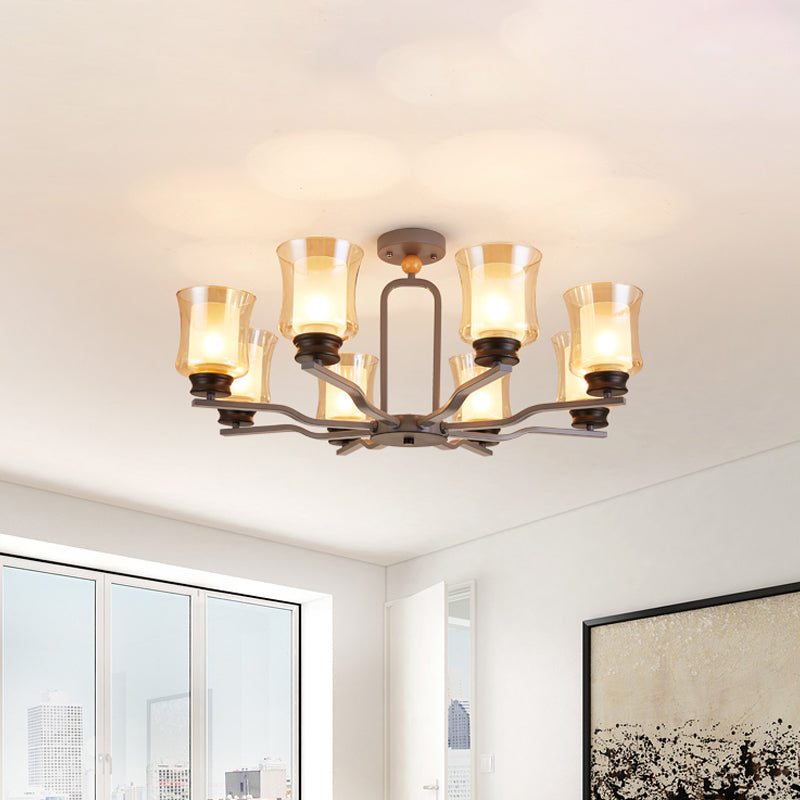 Modern Semi Flush Mount Cup Tan Glass Ceiling Lamp with 8 Bulbs in White/Grey/Green
