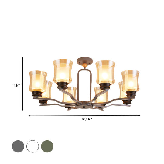 Modern Semi Flush Mount Cup Tan Glass Ceiling Lamp with 8 Bulbs in White/Grey/Green