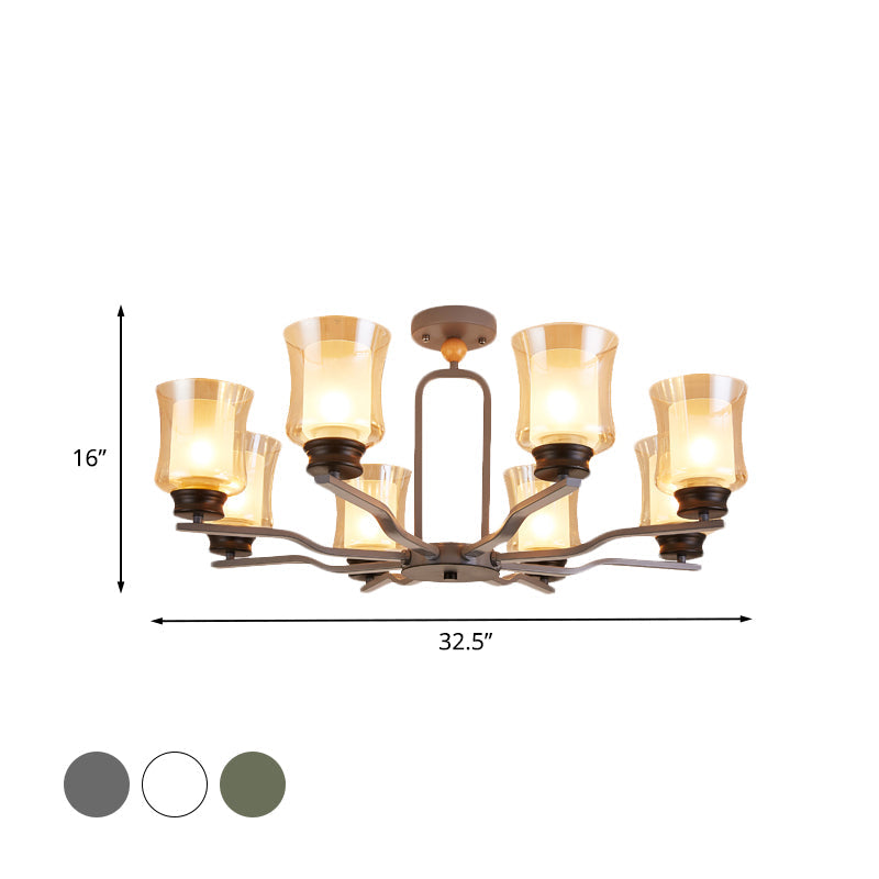 Modernist Semi Flush Mount Ceiling Lamp - Cup Tan Glass 8 Bulbs Radial Design White/Grey/Green