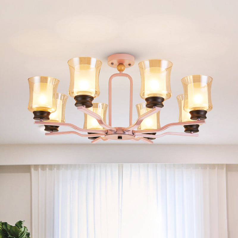 Modernist Semi Flush Mount Ceiling Lamp - Cup Tan Glass 8 Bulbs Radial Design White/Grey/Green White