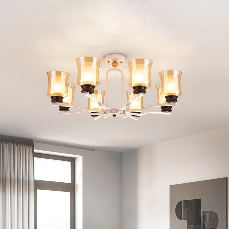Modernist Semi Flush Mount Ceiling Lamp - Cup Tan Glass 8 Bulbs Radial Design White/Grey/Green