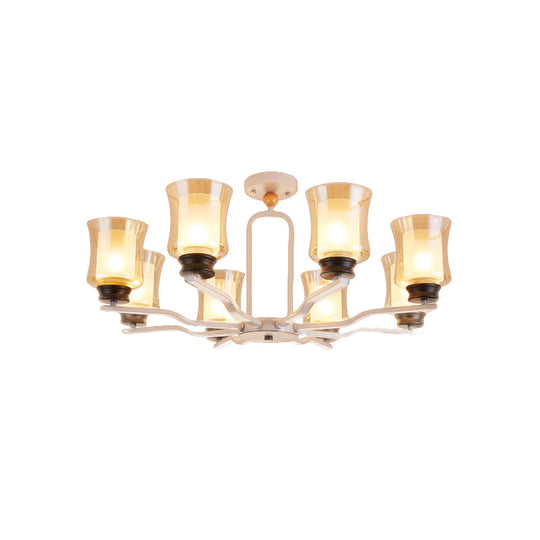 Modernist Semi Flush Mount Ceiling Lamp - Cup Tan Glass 8 Bulbs Radial Design White/Grey/Green