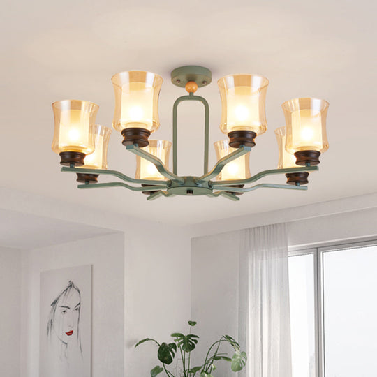 Modernist Semi Flush Mount Ceiling Lamp - Cup Tan Glass 8 Bulbs Radial Design White/Grey/Green Green