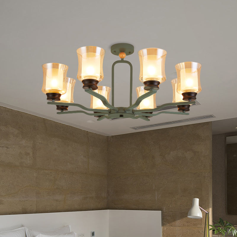 Modernist Semi Flush Mount Ceiling Lamp - Cup Tan Glass 8 Bulbs Radial Design White/Grey/Green