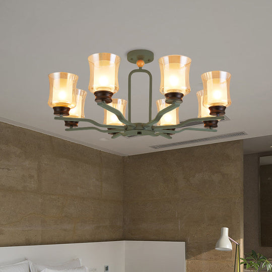 Modernist Semi Flush Mount Ceiling Lamp - Cup Tan Glass 8 Bulbs Radial Design White/Grey/Green