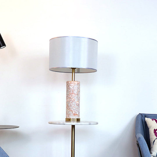 Modern White Fabric Drum Table Light With Agate Red Marble Base - 1 Head Night Lamp