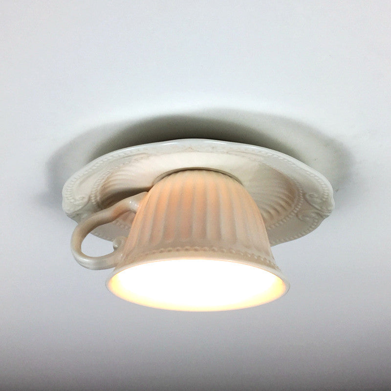 Modern White Coffee Cup Flushmount Light - 1 Head Gypsum LED Ceiling Fixture