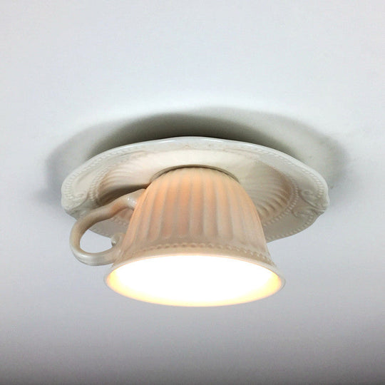 Modern White Coffee Cup Flushmount Light - 1 Head Gypsum LED Ceiling Fixture