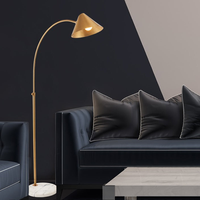 Modern Conical Reading Floor Lamp With Arched Stand - 1-Light Gold Finish
