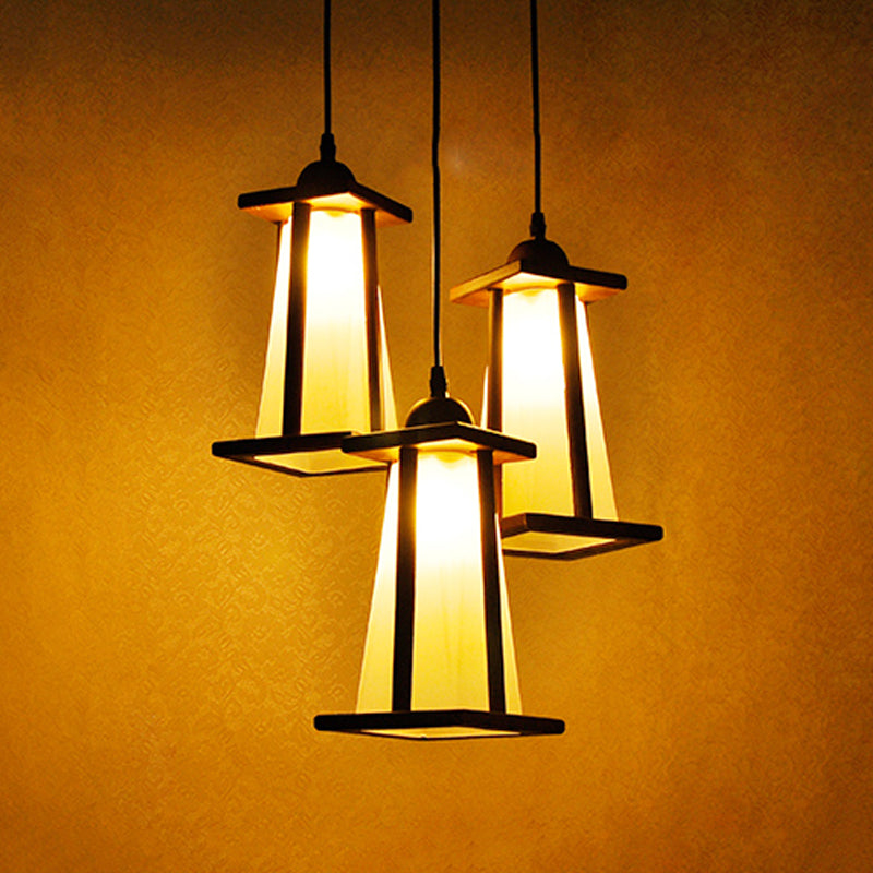 Suspension en bois côtier à 3 lumières avec abat-jour trapézoïdal en verre dépoli - Plafonnier suspendu élégant