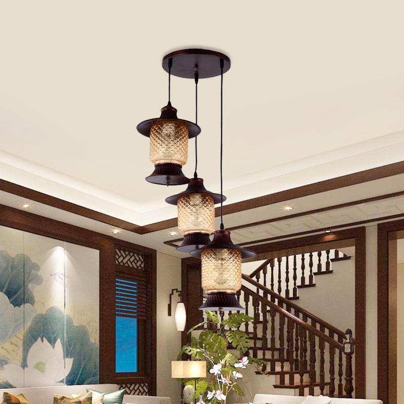 Lampe suspendue industrielle en cuivre avec abat-jour en verre quadrillé jaune - Lampe suspendue à 3 têtes au kérosène