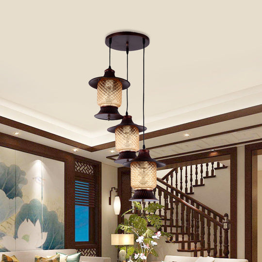 Lampe suspendue industrielle en cuivre avec abat-jour en verre quadrillé jaune - Lampe suspendue à 3 têtes au kérosène