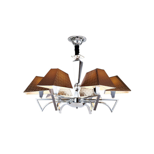 Modern Geometric Fabric Ceiling Chandelier - Brown Pendant Lamp With Chrome Arm (6 Lights)