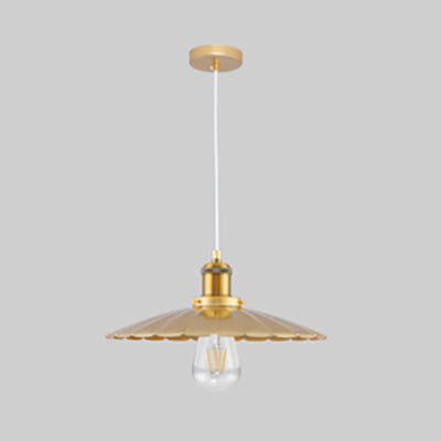 Gold Scalloped Edge Pendant Light - Loft Metallic 1 Bulb Hanging Fixture, Coffee Shop Style, 12/14 Inch Width