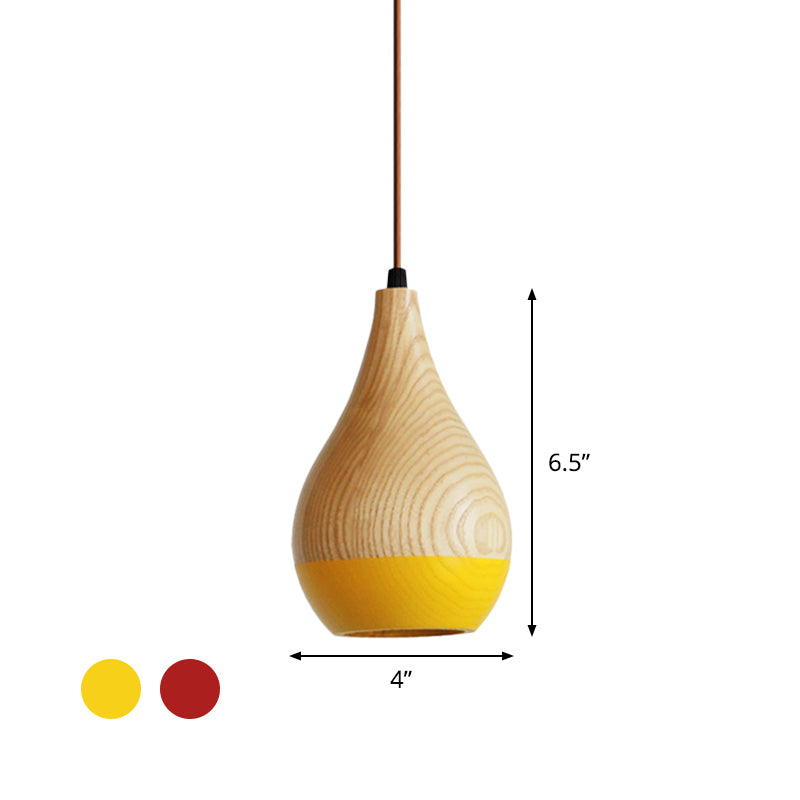 Lampe suspendue LED moderne - Abat-jour en bois en forme de larme rouge/jaune - Lampe suspendue de salle à manger à 1 lampe