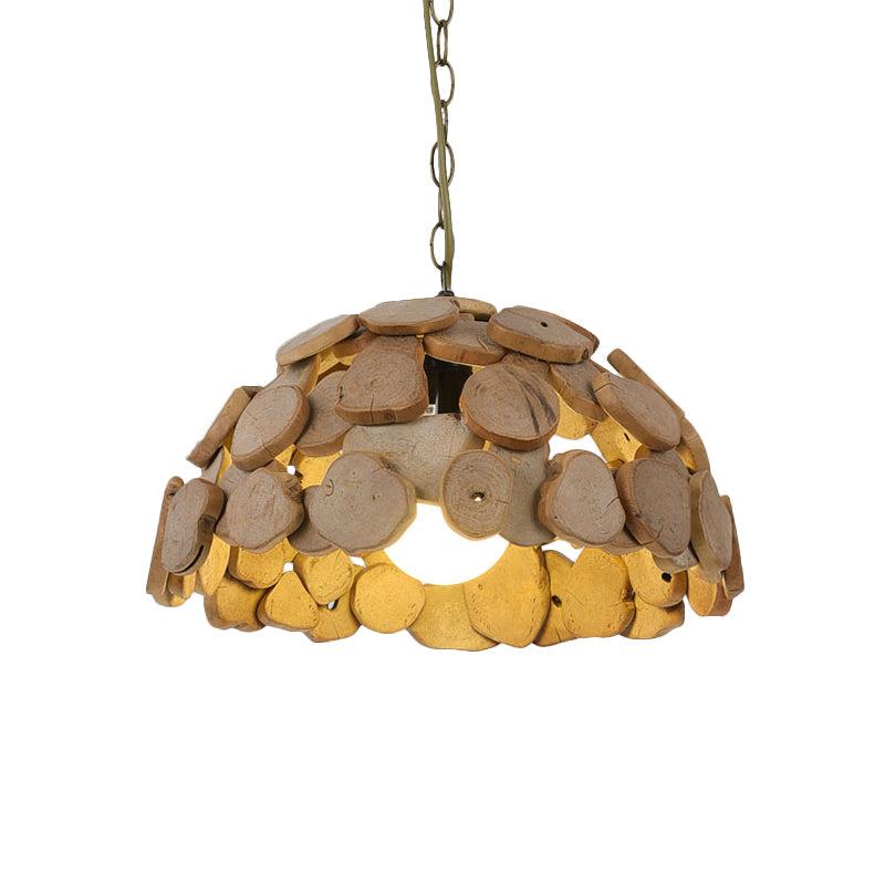 Restaurant Ceiling Light - Asian Brown Hanging Lamp With Dome Wood Block Shade