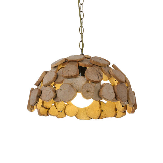 Restaurant Ceiling Light - Asian Brown Hanging Lamp With Dome Wood Block Shade