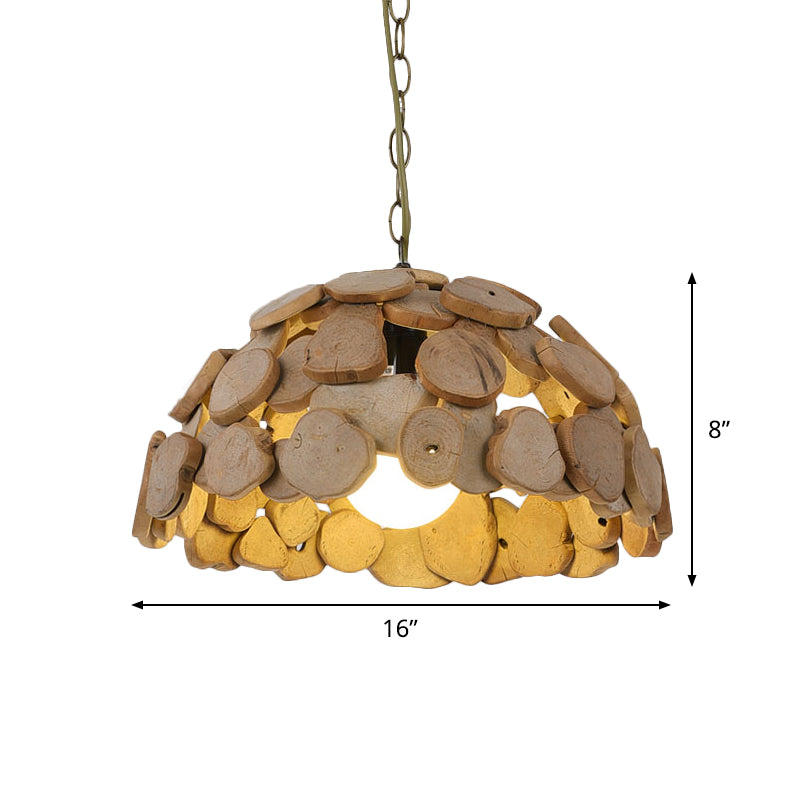 Restaurant Ceiling Light - Asian Brown Hanging Lamp With Dome Wood Block Shade