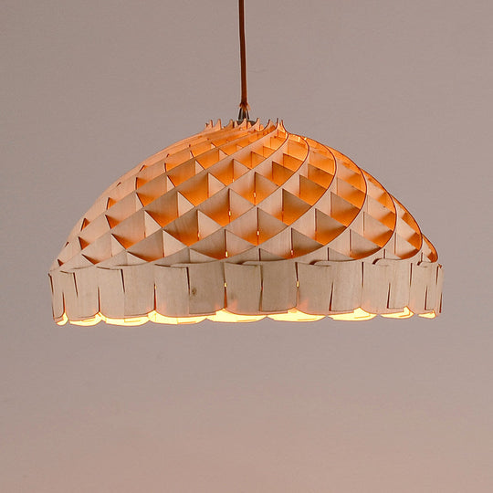 Dome Asian Wood Pendant Lamp With Hand Woven Design And Led Light