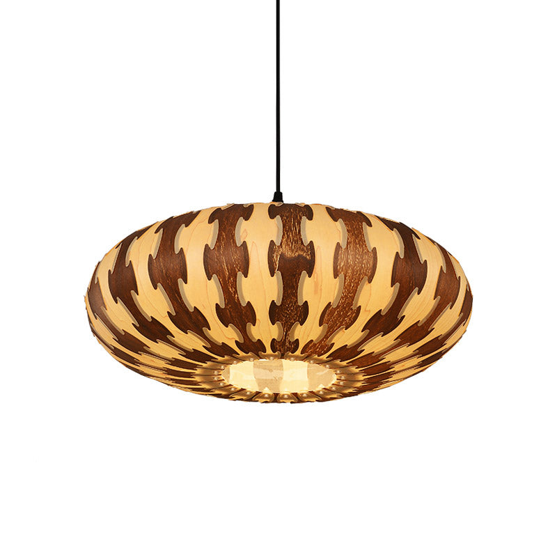 Brown Oval Lantern Ceiling Pendant Light - Asia Style Wood Led Hanging Lamp