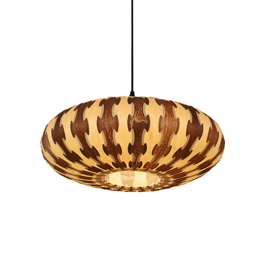 Brown Oval Lantern Ceiling Pendant Light - Asia Style Wood Led Hanging Lamp