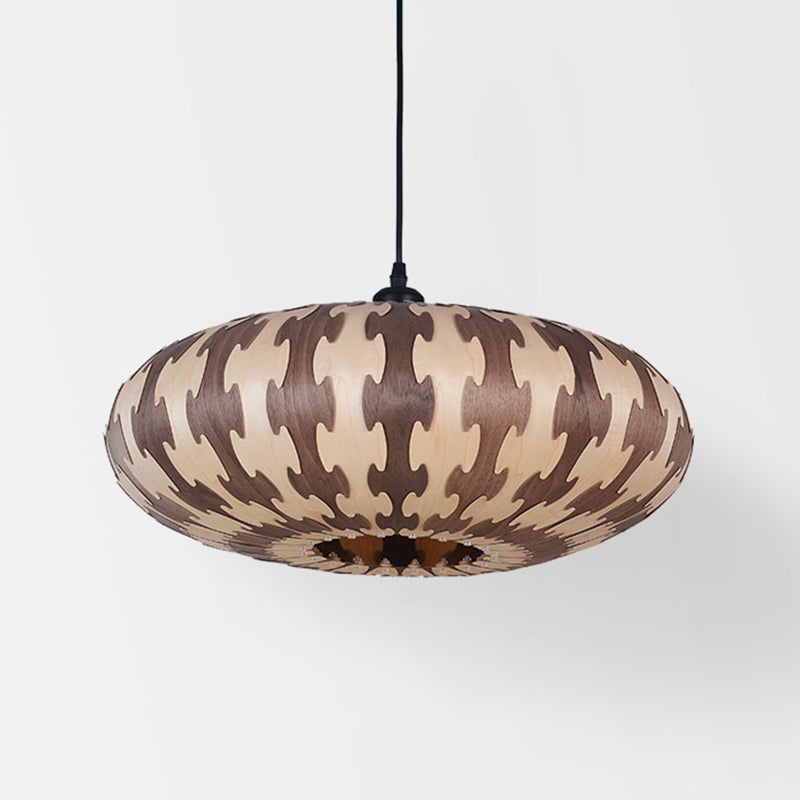 Brown Oval Lantern Ceiling Pendant Light - Asia Style Wood Led Hanging Lamp