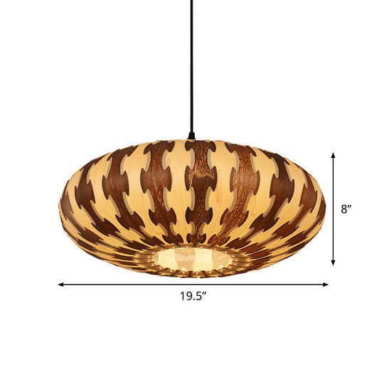 Brown Oval Lantern Ceiling Pendant Light - Asia Style Wood Led Hanging Lamp