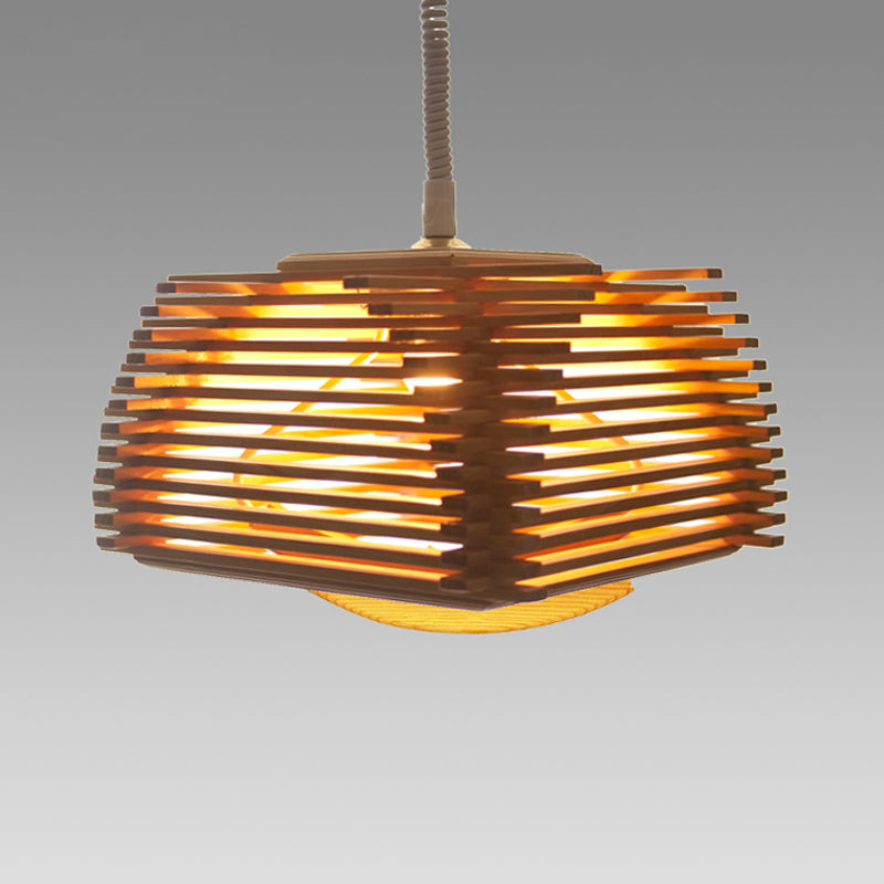 Japanese Tea Room Pendant Lighting - Wood Bar 1 Bulb Ceiling Suspension Lamp