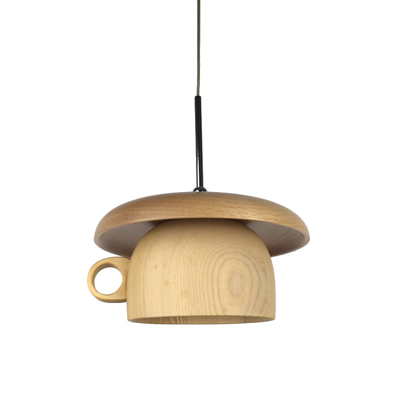 Modern Wood Coffee-Cup Pendant Light with LED Bulb - Beige Ceiling Hang Fixture