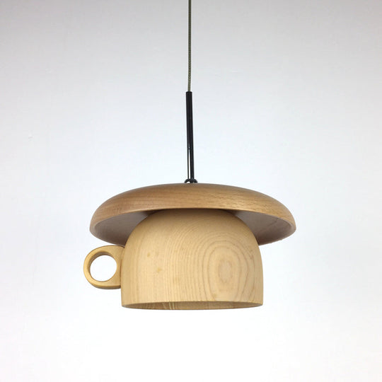 Modern Wood Coffee-Cup Pendant Light with LED Bulb - Beige Ceiling Hang Fixture