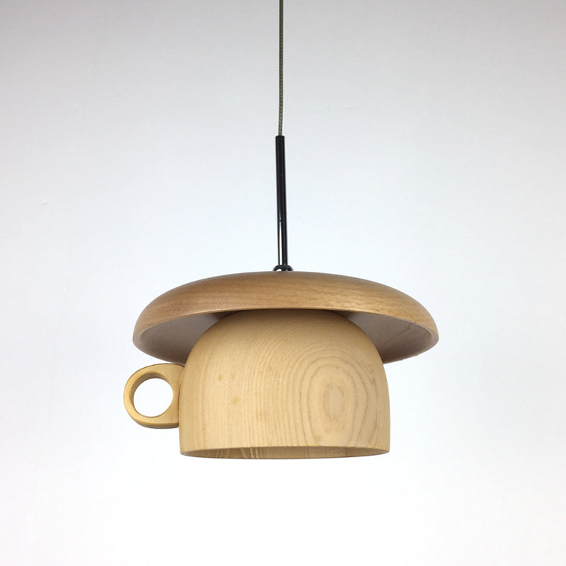 Modernist Wood Coffee-Cup Pendant Light With Led Beige Ceiling Hang Fixture - 1-Bulb