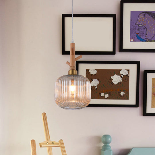 Modern Amber Ribbed Glass Drum Pendant Light - Stylish Ceiling Lamp For Kitchen Island With Wood