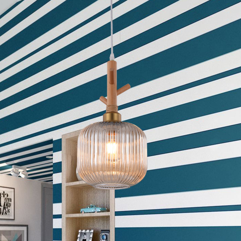 Modern Amber Ribbed Glass Drum Pendant Light - Stylish Ceiling Lamp For Kitchen Island With Wood