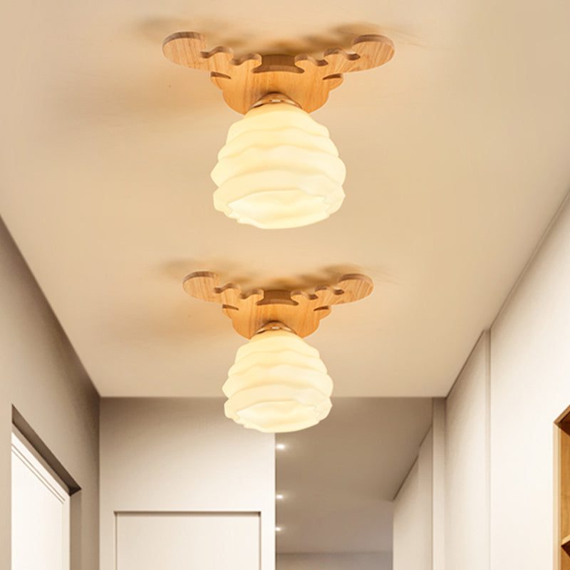 Modern White Glass Honeycomb Flush Mount Ceiling Lamp with Wood Antler Design
