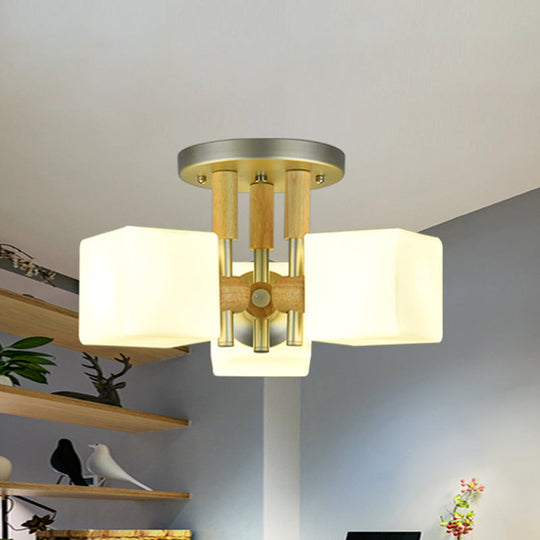 Modern Cube 3-Light Glass & Wood Ceiling Lamp