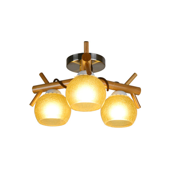 Modern Beige Glass Orb Semi Flush Mount Ceiling Light with Wood Branch Arm - 3 Heads