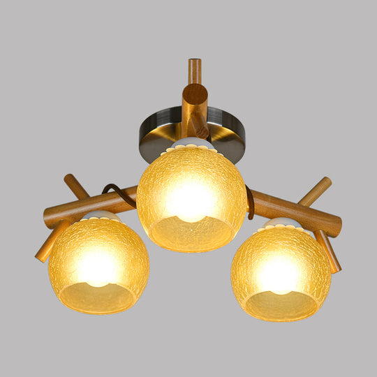Modern Beige Glass Orb Semi Flush Mount Ceiling Light with Wood Branch Arm - 3 Heads