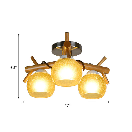Beige Cracked Glass Orb Semi Flush Mount Ceiling Light With Wood Branch Accents