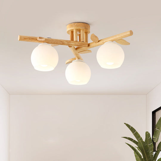 Modern Wood Branch Semi Flush Lighting - Beige Lamp with Milk White Glass Shade (3/5-Head)