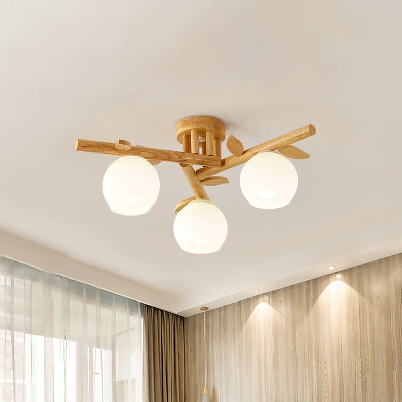 Modern Wood Branch Semi Flush Lighting - Beige Lamp with Milk White Glass Shade (3/5-Head)